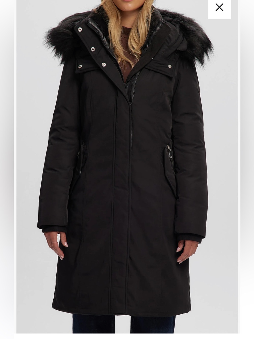 Women's Black Long Winter Coat with Faux Fur Hood